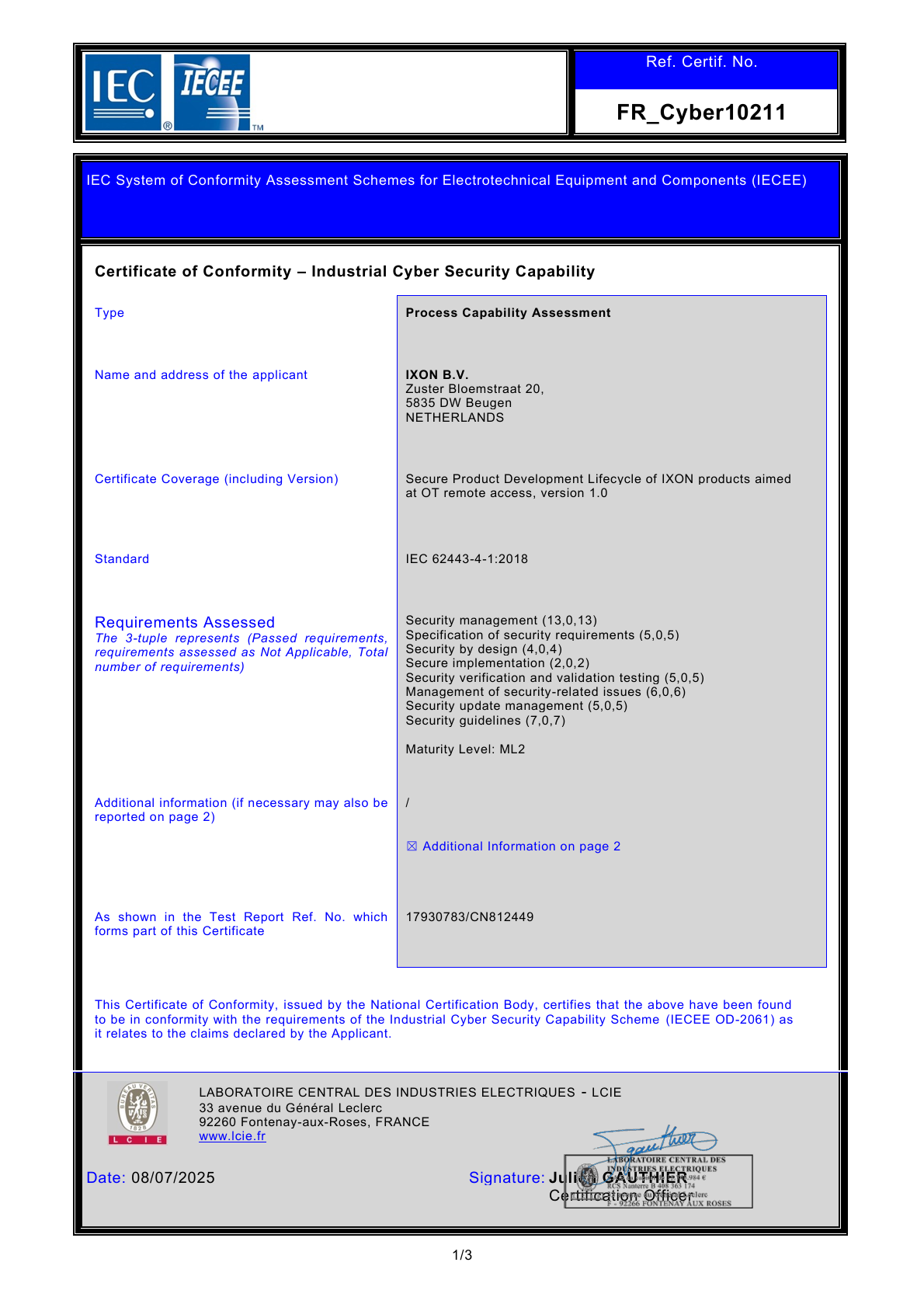 IEC 62443-4-1 certificate